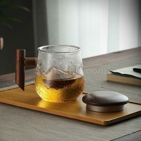 Customization High Borosilicate Glass Wooden Handle Mountain And Sea Texture Tea Cup Corporate Gifts