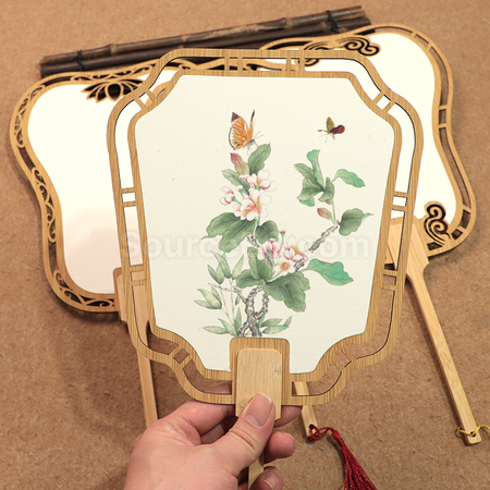 Customization Ancient Style Wooden Hollow Blank Rice Paper Round Fan Corporate Gifts