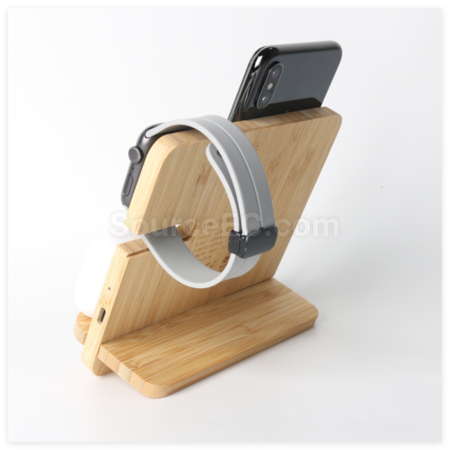 Customization Bamboo And Wood Three-In-One Wireless Charging Stand Corporate Gifts