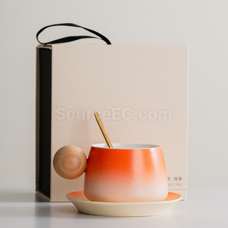 Customization  Gradient Ceramic Coffee Cup Gift Box with Wooden Handle Corporate Gifts