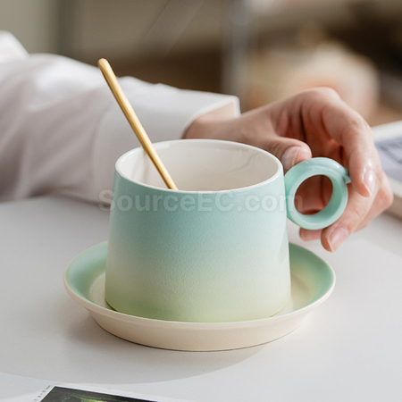 Customization  Gradient Ceramic Coffee Cup Gift Box with Wooden Handle Corporate Gifts